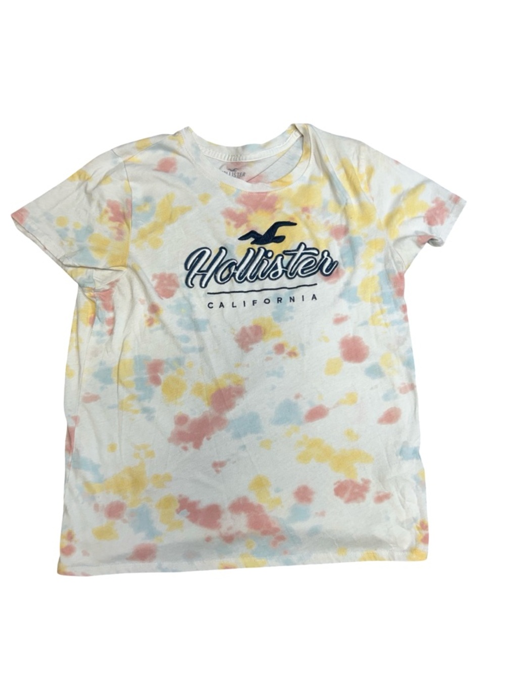 Hollister White Tie-Dye Tee with Pastel Pink, Yellow & Blue Accents